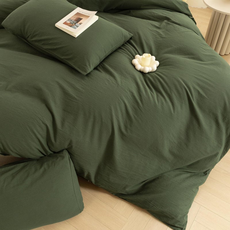ECOCOTT 3 Pieces Duvet Cover Queen Size 100% Washed Cotton 1 Duvet Cover with Zipper and 2 Pillowcases, Ultra Soft and Easy Care Breathable Cozy Simple Style Bedding Set (Avocado Green) - Image 5
