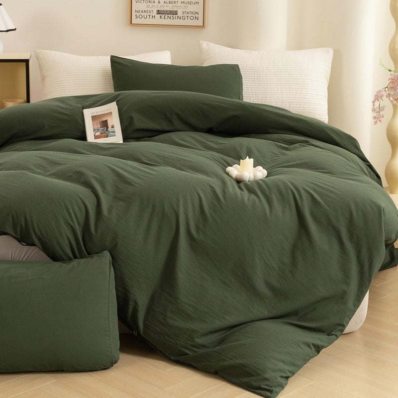 ECOCOTT 3 Pieces Duvet Cover Queen Size 100% Washed Cotton 1 Duvet Cover with Zipper and 2 Pillowcases, Ultra Soft and Easy Care Breathable Cozy Simple Style Bedding Set (Avocado Green) - Image 2