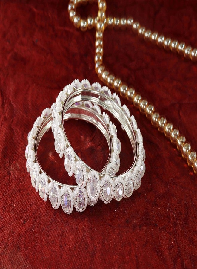 NMII أساور معدنية بتصميم NMII مرصعة بحجر الزركون واللؤلؤ الأبيض للنساء والفتيات | أساور فضية للنساء | طقم كانجان للفتيات | أساور ألماس | طقم تشودي | كادا معدني - (MAH104-Silver-2.6) - Image 3