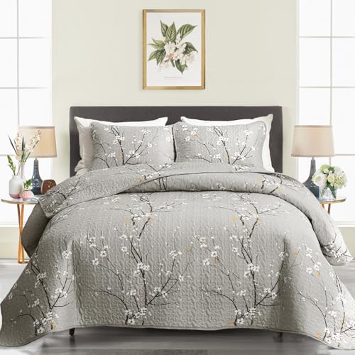 Uozzi Bedding 3 Pieces Quilt Set Queen Full Size 88x88 Gray Branch with White Orange Floral Style Soft Microfiber Lightweight Coverlet Bedspread Summer Bedding Set Bed Cover for All Season (1 Quilt+ 2 Shams) - Image 1