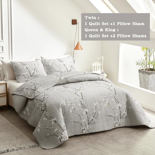 Uozzi Bedding 3 Pieces Quilt Set Queen Full Size 88x88 Gray Branch with White Orange Floral Style Soft Microfiber Lightweight Coverlet Bedspread Summer Bedding Set Bed Cover for All Season (1 Quilt+ 2 Shams) - Image 5