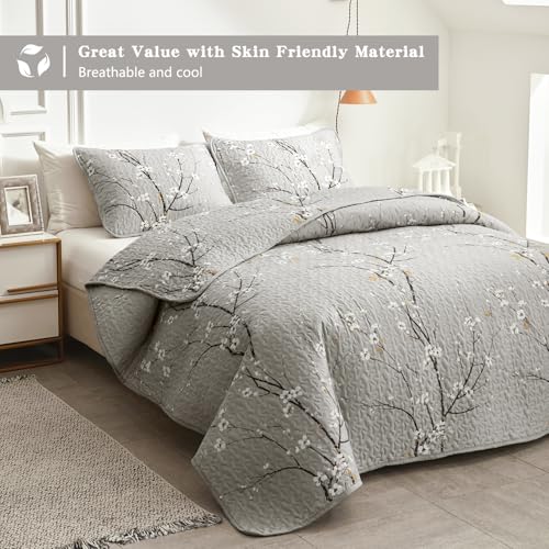 Uozzi Bedding 3 Pieces Quilt Set Queen Full Size 88x88 Gray Branch with White Orange Floral Style Soft Microfiber Lightweight Coverlet Bedspread Summer Bedding Set Bed Cover for All Season (1 Quilt+ 2 Shams) - Image 4