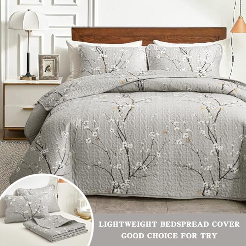 Uozzi Bedding 3 Pieces Quilt Set Queen Full Size 88x88 Gray Branch with White Orange Floral Style Soft Microfiber Lightweight Coverlet Bedspread Summer Bedding Set Bed Cover for All Season (1 Quilt+ 2 Shams) - Image 3