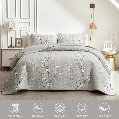 Uozzi Bedding 3 Pieces Quilt Set Queen Full Size 88x88 Gray Branch with White Orange Floral Style Soft Microfiber Lightweight Coverlet Bedspread Summer Bedding Set Bed Cover for All Season (1 Quilt+ 2 Shams) - Image 2