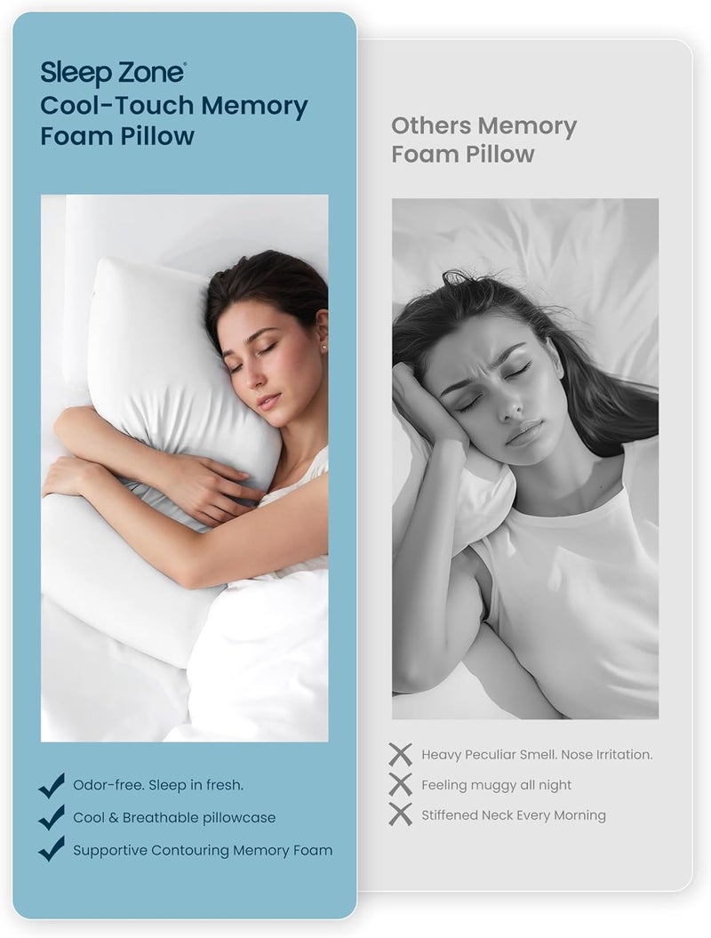 SLEEP ZONE وسادة رغوة الذاكرة المبردة من - عديمة الرائحة، قابلة للتنفس، صديقة للبشرة مع دعم فائق للنائمين على الظهر أو البطن أو الجانب، أساسيات المنزل والفندق والمستشفى (أبيض، مقاس كوين، عبوة مزدوجة) - Image 4