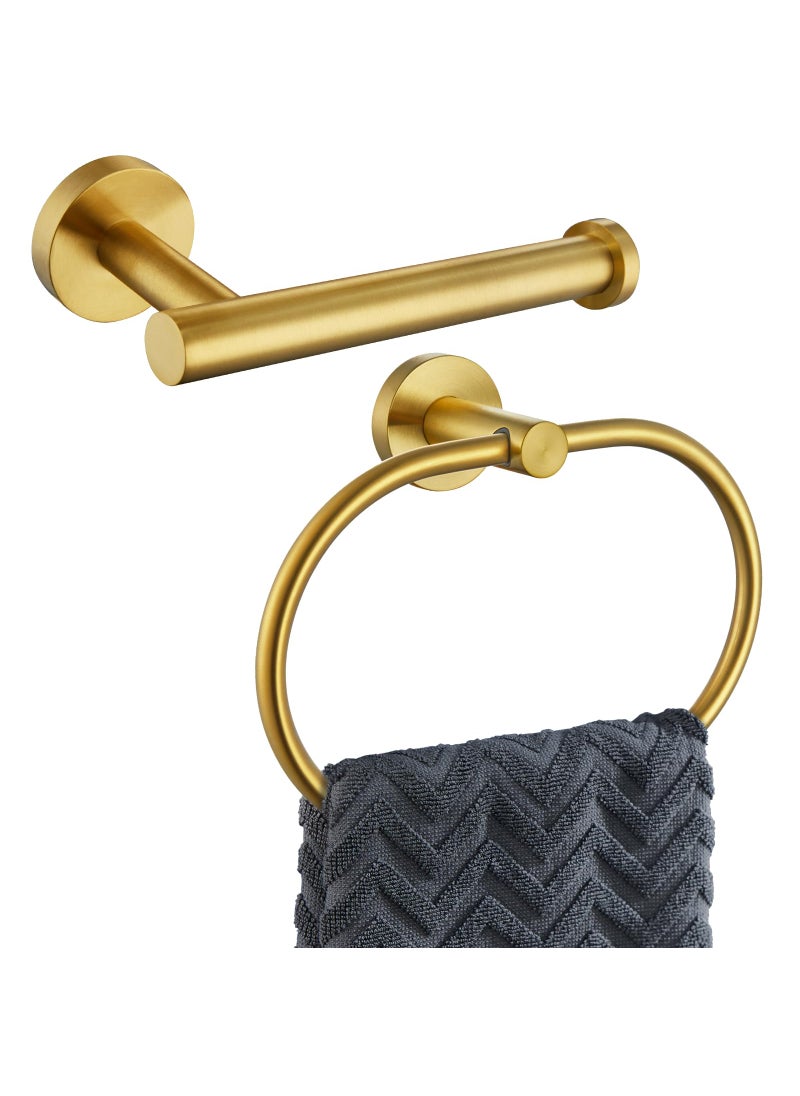 APLusee APLusee 2 Pieces Bathroom Hardware Set Brushed Gold Contemporary 304 Stainless Steel Storage Accessories Kit with Oval Hand Towel Ring Toilet Paper Holder Wall Mounted 