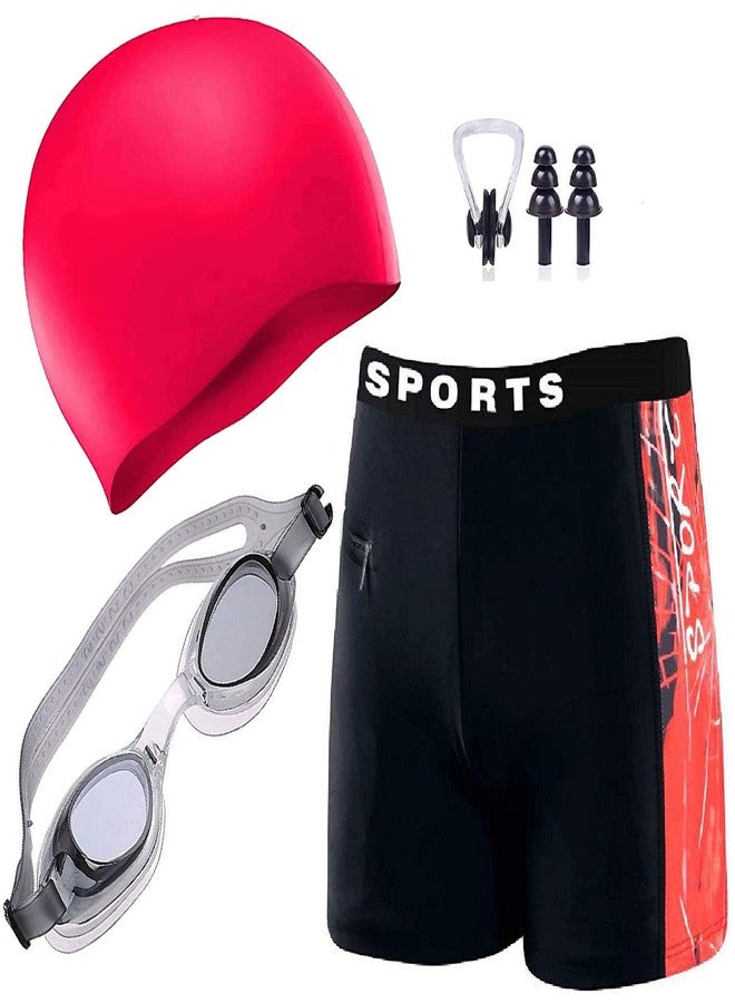 DRAUSS Men Swimming Costume | Shorts | Trunk Goggles Cap 2 Earplug 1 Nose Clip Swimming Kit (28In to 34In Waist Size)(Red) - Image 1