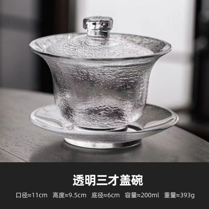 Transparent glass three-piece cover Bowl suit hand painted golden edge glass kung fu tea set tea maker household Master Cup Transparent-fine grain cover Bowl 