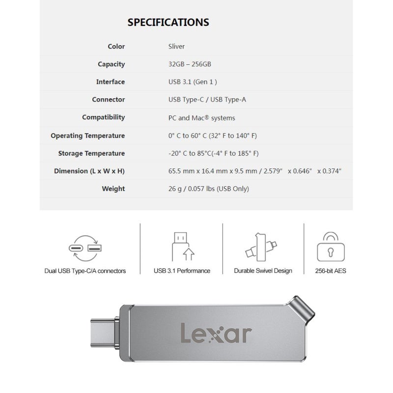ليكسار عصا تخزين فلاش ليكسار جامب درايف ديوال درايف D30c USB 3.1 Type-C سعة 256GB 128GB 64GB 32GB بسرعة 130MB/s عصا ذاكرة Type A + Type C للتخزين والنسخ الاحتياطي للهاتف/الكمبيوتر - Image 4