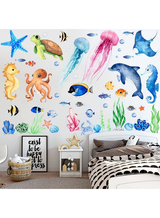 Sinekong Ocean Fish Wall Decals Stickers Under The Sea, 4 Sheets Removable Sea Life Marine Animal Underwater Ocean Creatures for Kids Girls Boy Nursery Bedroom Bathroom - Image 2