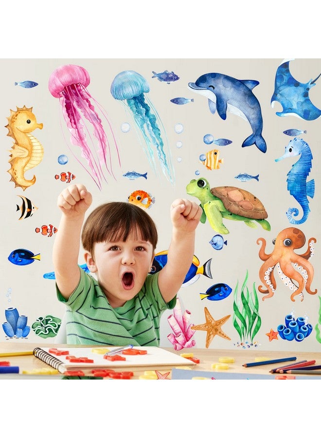 Sinekong Ocean Fish Wall Decals Stickers Under The Sea, 4 Sheets Removable Sea Life Marine Animal Underwater Ocean Creatures for Kids Girls Boy Nursery Bedroom Bathroom - Image 3