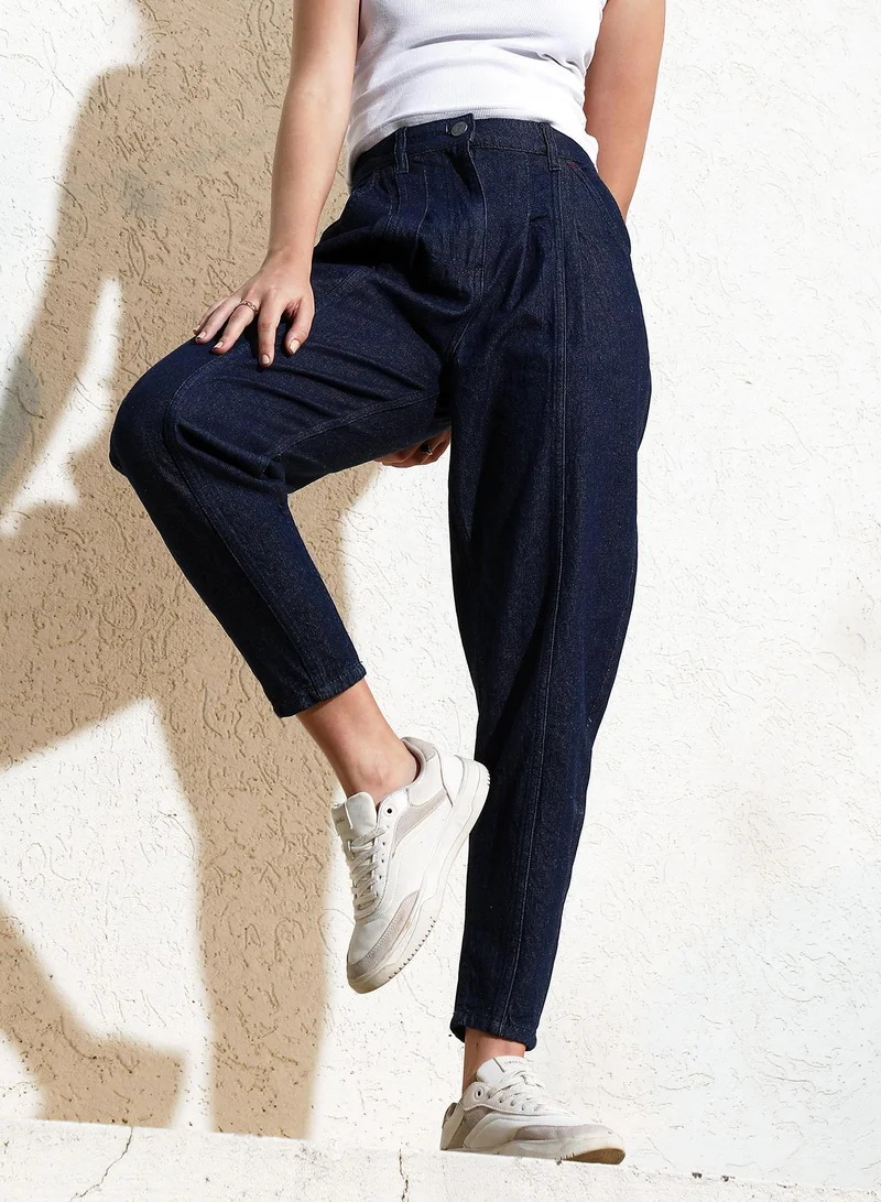 Campus Sutra Women's Navy Blue Dark-Wash Tapered Denim Jeans For Casual Wear | High-Waist | Regular Fit | Button Closure | Denim Jeans Crafted With Comfort Fit For Everyday Wear