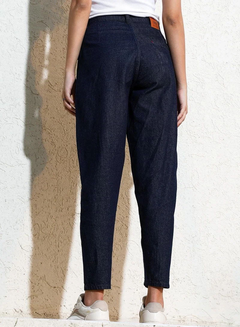 Pinacolada  Women's Navy Blue Dark-Wash Tapered Denim Jeans For Casual Wear | High-Waist | Regular Fit | Button Closure | Denim Jeans Crafted With Comfort Fit For Everyday Wear for Women | Best Price UAE