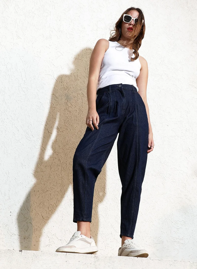 Pinacolada  Women's Navy Blue Dark-Wash Tapered Denim Jeans For Casual Wear | High-Waist | Regular Fit | Button Closure | Denim Jeans Crafted With Comfort Fit For Everyday Wear for Women | Best Price UAE