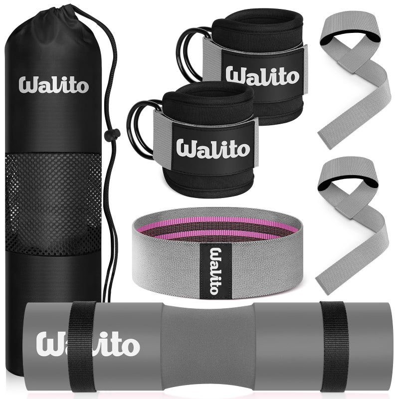WALITO 7Pcs Barbell Pad Set for Hip Thrust - Squat Pad,Gym Accessories for Women with Bar Bad,Bench Press, with Gym Ankle Straps,Resistance Bands for Working Out,Lifting Strap,Carry Bag - Image 1