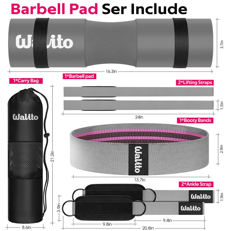 WALITO 7Pcs Barbell Pad Set for Hip Thrust - Squat Pad,Gym Accessories for Women with Bar Bad,Bench Press, with Gym Ankle Straps,Resistance Bands for Working Out,Lifting Strap,Carry Bag - Image 2