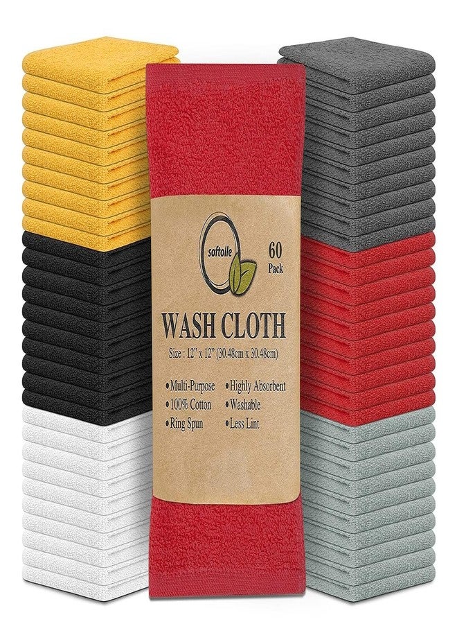 Softolle 100% Cotton Ring Spun Wash Cloths - Bulk Pack of Washcloths - 12x12 Inches - Wash Cloth for Face, Highly Absorbent, Soft and Face Towels (Assorted, 60 Pack) - Image 1
