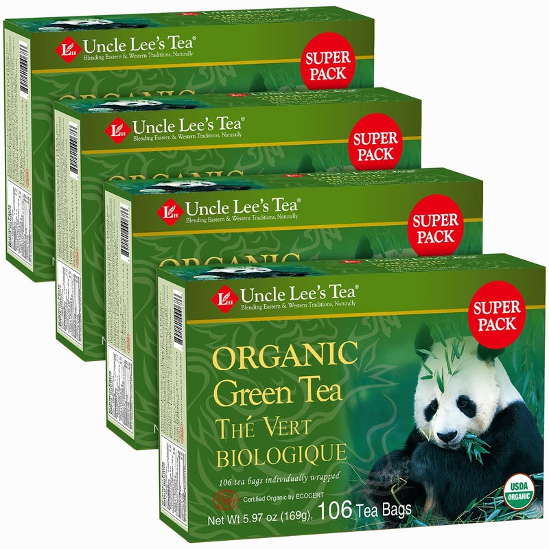 Uncle Lee's Tea Uncle Lee's Organic Green Tea Bags 4-Pack, 106-Count Super Packs - Bright & Refreshing, Lightly Caffeinated Bulk Tea for Home, Office, Camping - Image 1