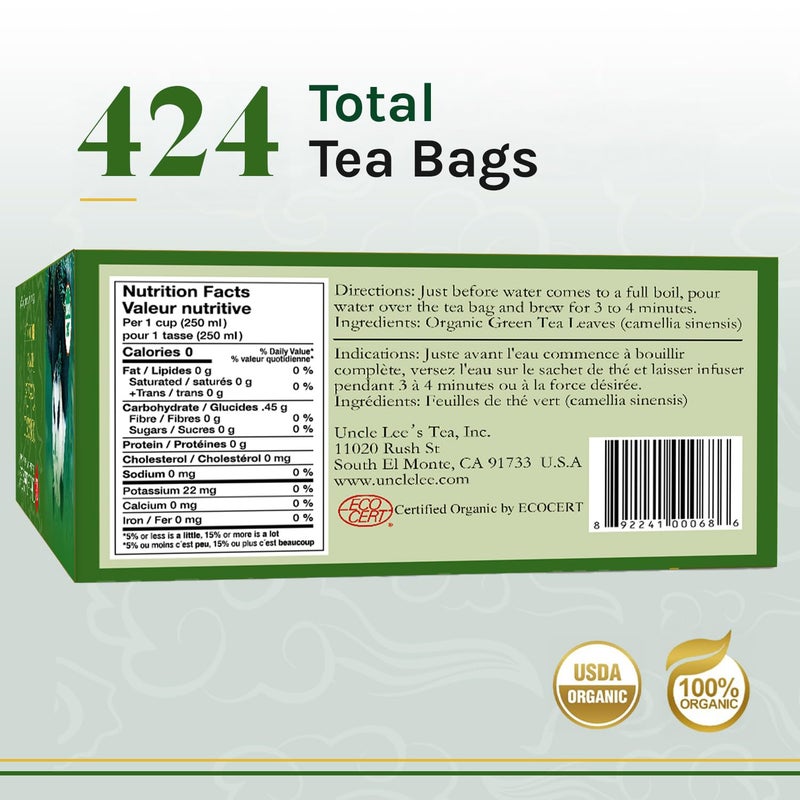 Uncle Lee's Tea Uncle Lee's Organic Green Tea Bags 4-Pack, 106-Count Super Packs - Bright & Refreshing, Lightly Caffeinated Bulk Tea for Home, Office, Camping - Image 2