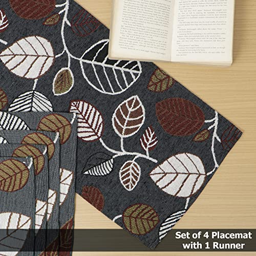 HOKIPO Cotton Jacquard 4 Placemats with Runner for Dining Table 4 Seater (IN530-D1*4+IN531) White Floral - Image 5