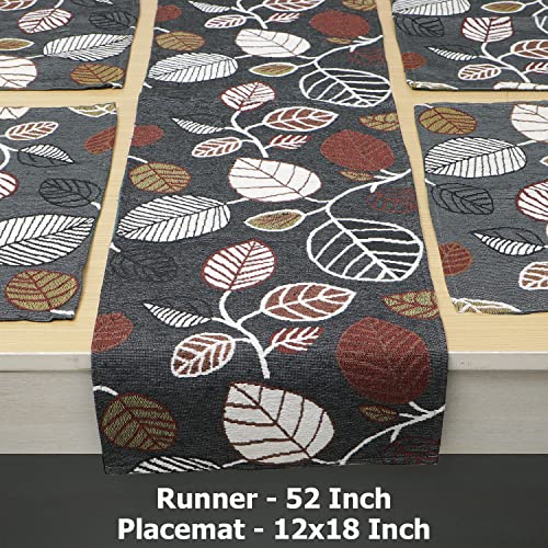 HOKIPO Cotton Jacquard 4 Placemats with Runner for Dining Table 4 Seater (IN530-D1*4+IN531) White Floral - Image 2