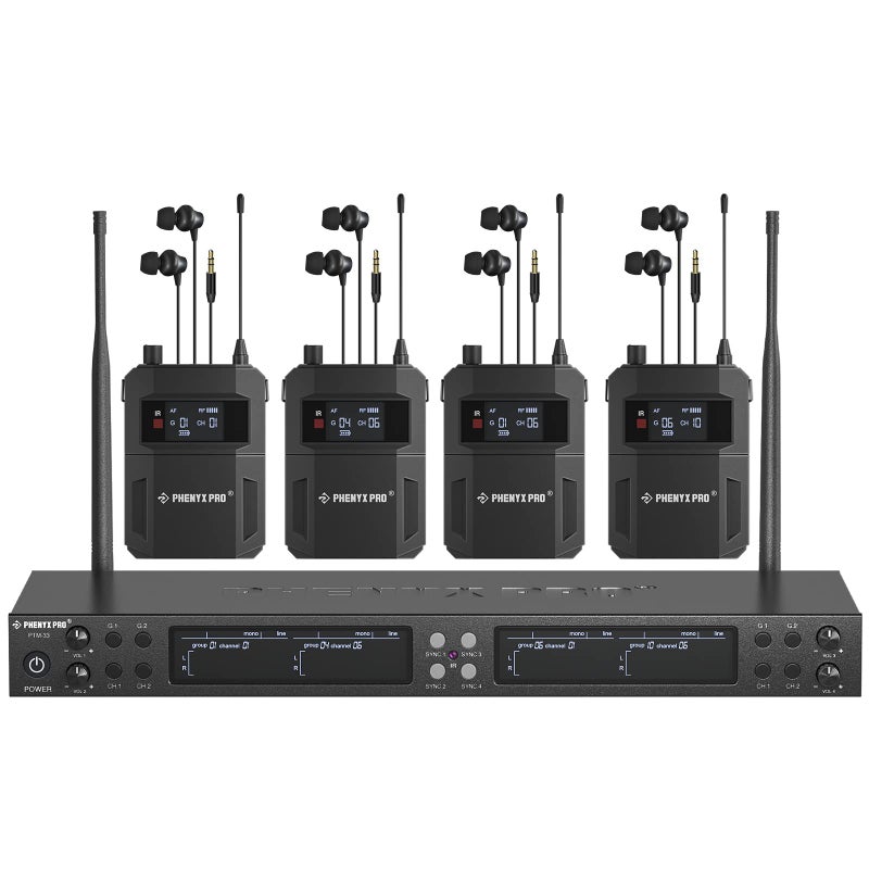Phenyx Pro Quad-Channel Wireless in Ear Monitor System, Mono IEM System w/ 4 Bodypacks, 4x25 UHF Frequencies, Rack Mount, 164 ft Range, Wireless in Ear Monitor for Bands/Studio (PTM-33-4B) - Image 1