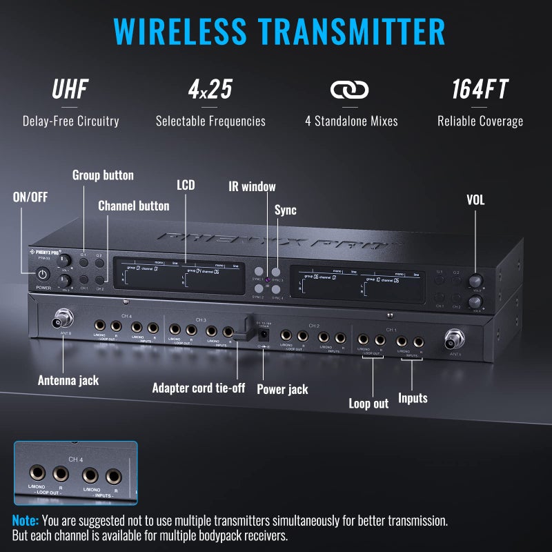 Phenyx Pro Quad-Channel Wireless in Ear Monitor System, Mono IEM System w/ 4 Bodypacks, 4x25 UHF Frequencies, Rack Mount, 164 ft Range, Wireless in Ear Monitor for Bands/Studio (PTM-33-4B) - Image 2