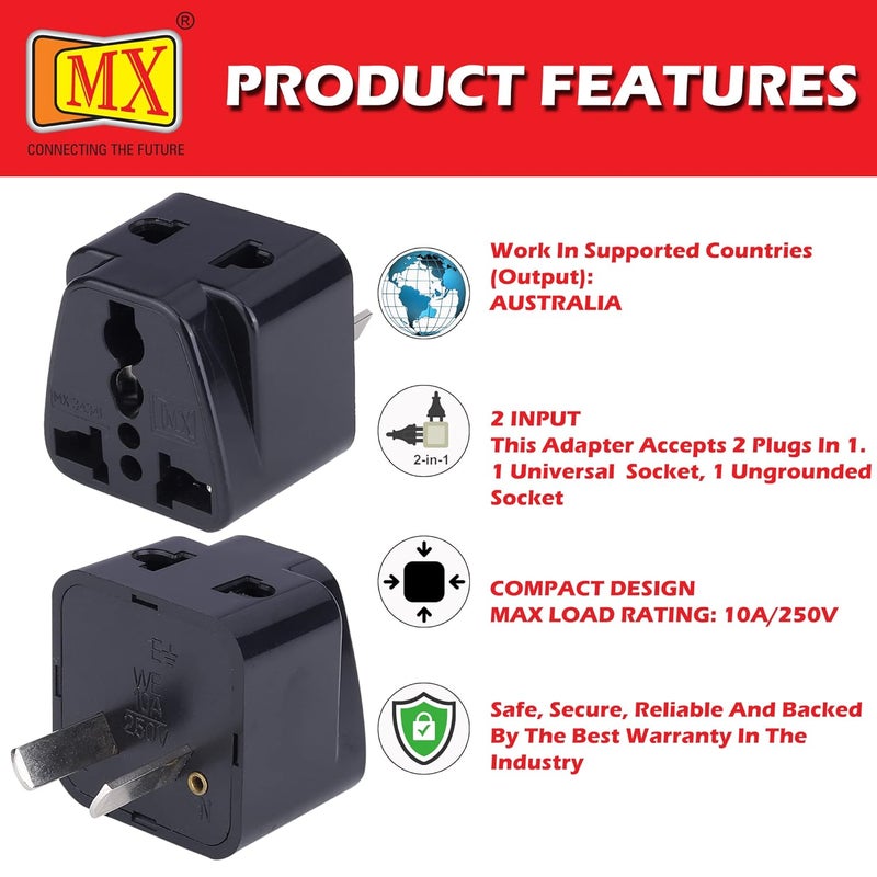 MX محول سفر عالمي MX نوع I من الهند إلى أستراليا 2 في 1 قابس تحويل للاستخدام المنزلي والرسمي باللون الأسود - Image 4