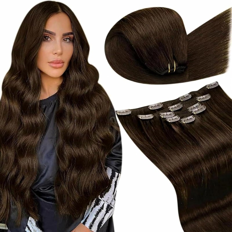 LaaVoo Clip Extensions Real Hair Brown Extensions Real Hair Clip in Chocolate Brown Extensions Clips Real Hair Double Wefts 5 Pieces 80 g 40 cm #4 - Image 1