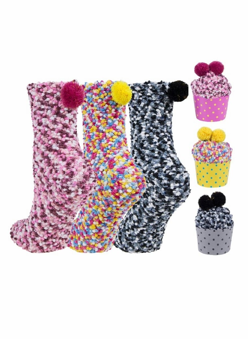 SOLARAE Socks for Women, Girl Fuzzy Fluffy Winter Slipper Soft DIY Gift Birthday With Cupcake Boxes 3 Pairs - Image 1