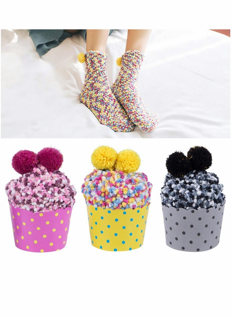 SOLARAE Socks for Women, Girl Fuzzy Fluffy Winter Slipper Soft DIY Gift Birthday With Cupcake Boxes 3 Pairs - Image 3