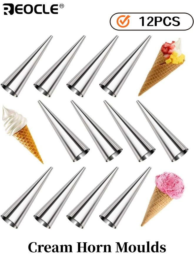 REOCLE 12PCS Cream Horn Moulds Baking Cones Stainless Steel Lady Lock Cannoli Tubes Standing Cone Shape Danish Pastry Cream Roll Mould for Croissant Shell and Dessert Making - Image 1