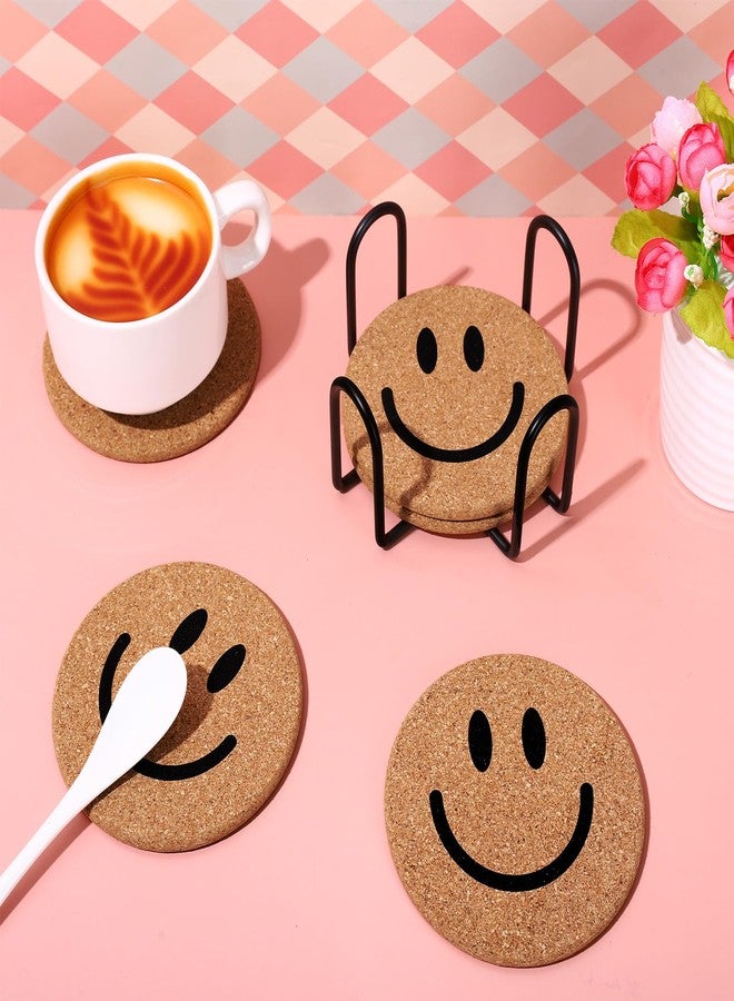 Whaline 4Pcs Smile Face Cork Coasters Cute Smile Round Coasters Farmhouse Heat-Resistant Cup Mats for Wooden Table Protection One Happy Dude Birthday Party Supplies - Image 3