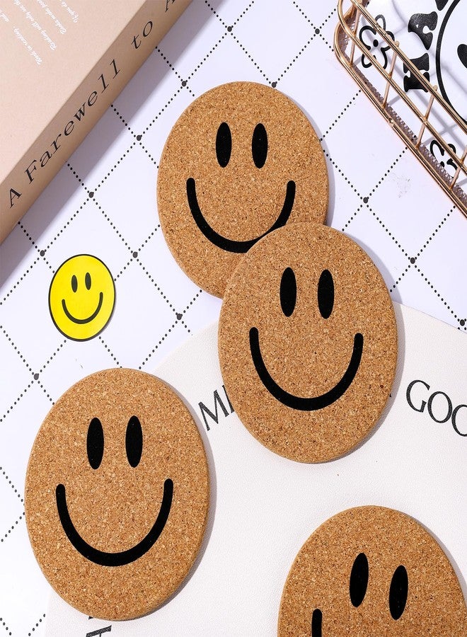 Whaline 4Pcs Smile Face Cork Coasters Cute Smile Round Coasters Farmhouse Heat-Resistant Cup Mats for Wooden Table Protection One Happy Dude Birthday Party Supplies - Image 5