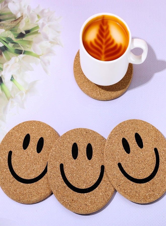 Whaline 4Pcs Smile Face Cork Coasters Cute Smile Round Coasters Farmhouse Heat-Resistant Cup Mats for Wooden Table Protection One Happy Dude Birthday Party Supplies - Image 4