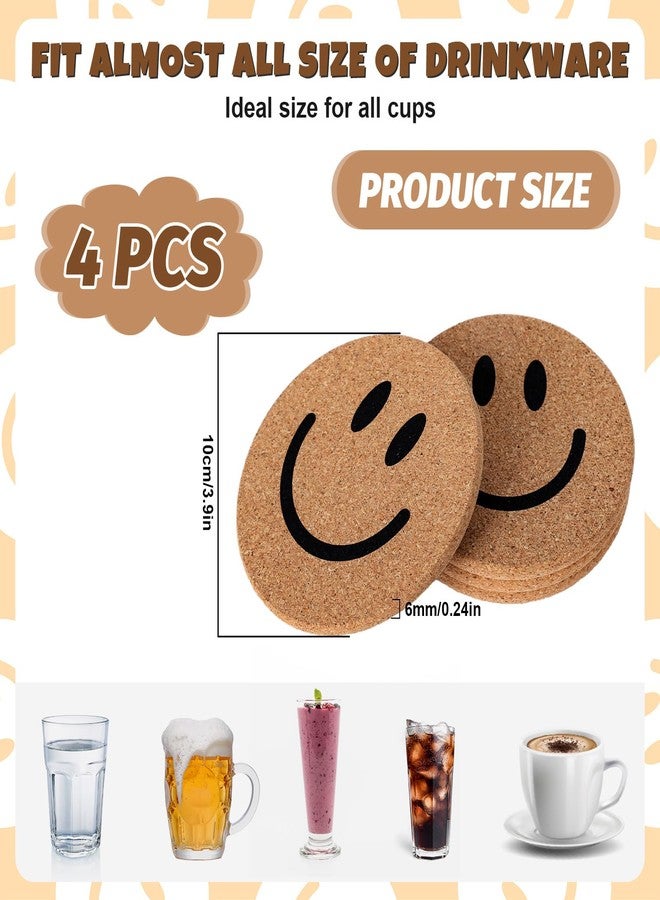 Whaline 4Pcs Smile Face Cork Coasters Cute Smile Round Coasters Farmhouse Heat-Resistant Cup Mats for Wooden Table Protection One Happy Dude Birthday Party Supplies - Image 2