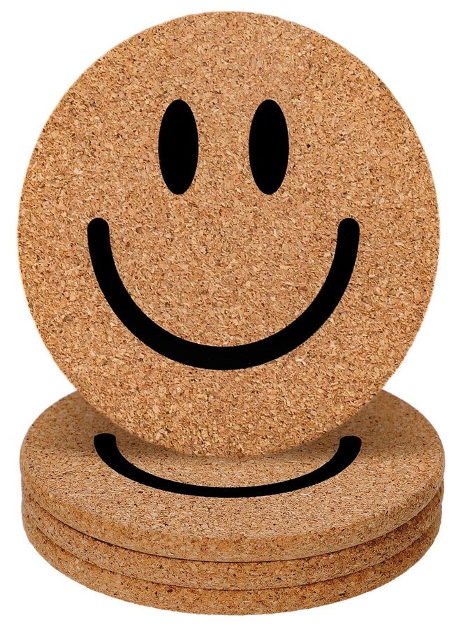 Whaline 4Pcs Smile Face Cork Coasters Cute Smile Round Coasters Farmhouse Heat-Resistant Cup Mats for Wooden Table Protection One Happy Dude Birthday Party Supplies - Image 1