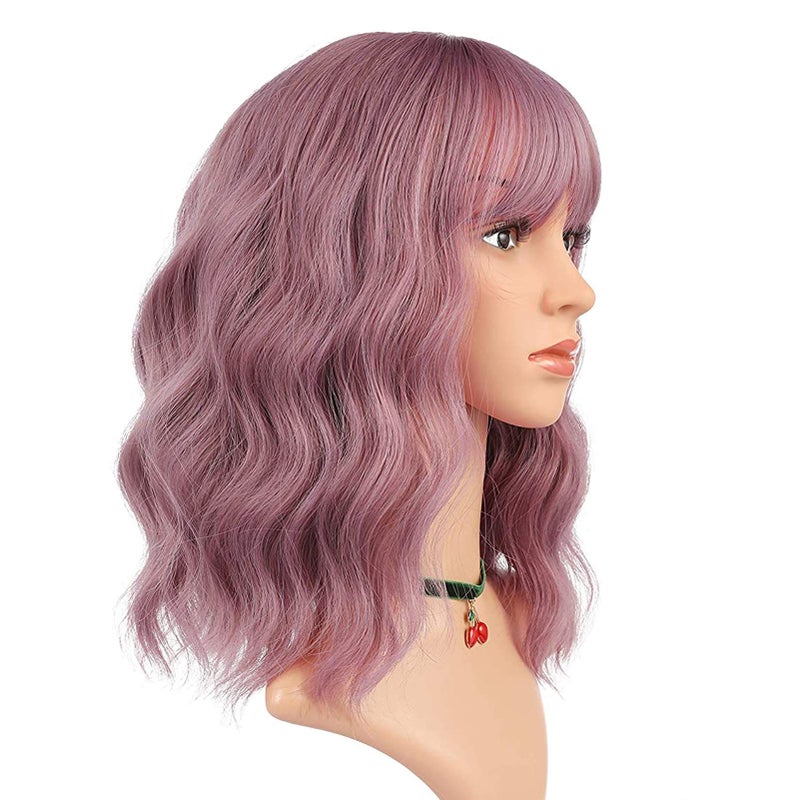 eNilecor Purple Wig Short Colorful Curly Curly Wavy Bob Wigs with Air Bangs 14 Natural Synthetic Wigs for Women Taro Purple