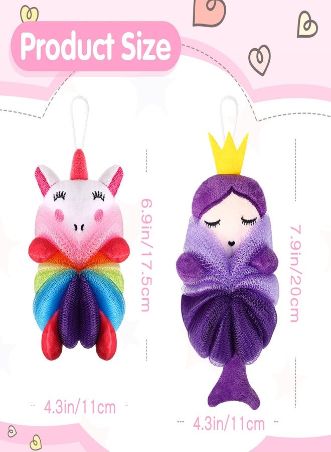Nuenen 2 Pcs Bath Loofahs Kids Toddler Cute Cartoon Bath Sponges Loofah Pouf Body Scrubber Mesh Sponges for Children Shower Washing Exfoliating(Unicorn, Princess) - Image 2