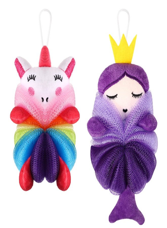 Nuenen 2 Pcs Bath Loofahs Kids Toddler Cute Cartoon Bath Sponges Loofah Pouf Body Scrubber Mesh Sponges for Children Shower Washing Exfoliating(Unicorn, Princess) - Image 1