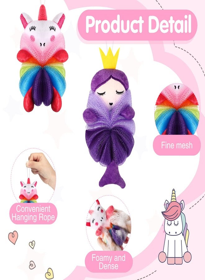 Nuenen 2 Pcs Bath Loofahs Kids Toddler Cute Cartoon Bath Sponges Loofah Pouf Body Scrubber Mesh Sponges for Children Shower Washing Exfoliating(Unicorn, Princess) - Image 3