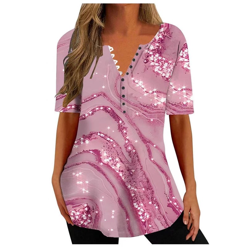 Women's Loose Fit V-Neck Short Sleeve Pleated Button Down Blouse - Image 3