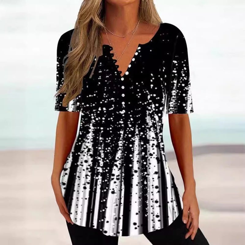 Women's Loose Fit V-Neck Short Sleeve Pleated Button Down Blouse - Image 1