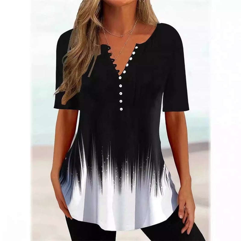 Women's Loose Fit V-Neck Short Sleeve Pleated Button Down Blouse - Image 2