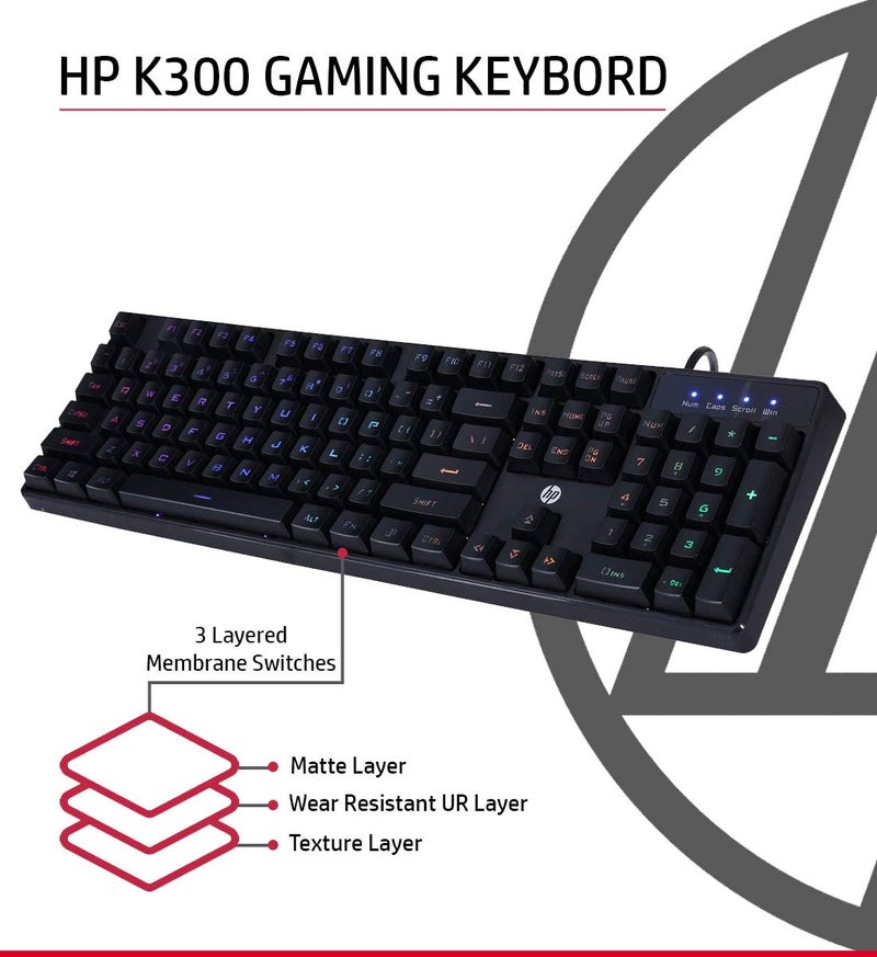 HP K300 Backlit Membrane Wired Gaming Keyboard with Mixed Color Lighting, 4 LED Indicators, Matte Finish Double Injection Key Caps and Windows Lock Key / 3 Years Warranty(4QM95AA) - Image 4