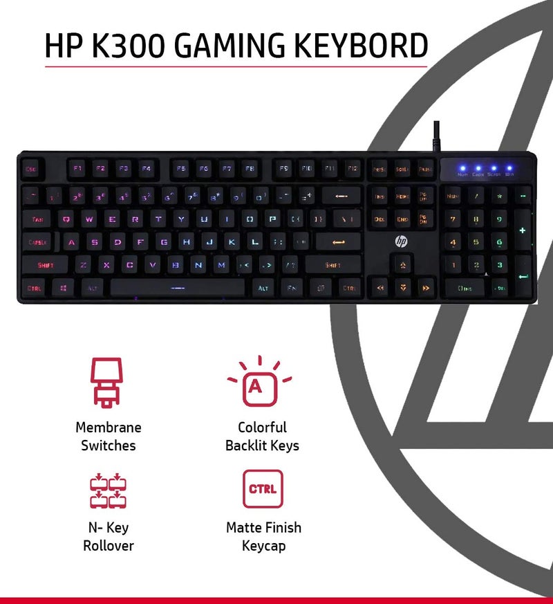 HP K300 Backlit Membrane Wired Gaming Keyboard with Mixed Color Lighting, 4 LED Indicators, Matte Finish Double Injection Key Caps and Windows Lock Key / 3 Years Warranty(4QM95AA) - Image 2
