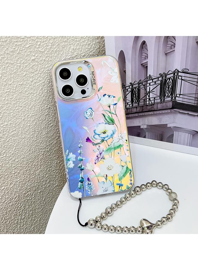 S-TOP Case For iPhone 15 Pro Max Electroplating Laser Flower Phone Case with Wrist Strap - Image 1
