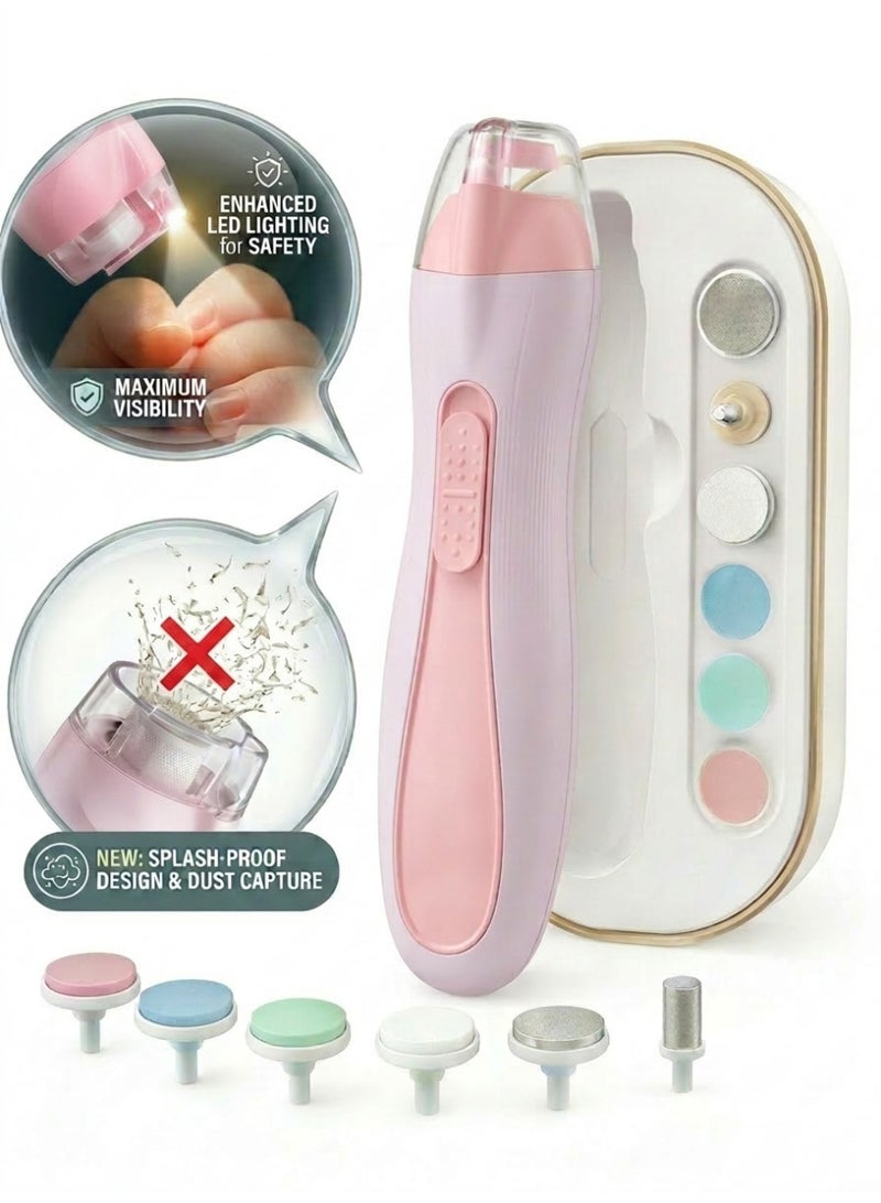Momore Gentle Baby Electric Nail Trimmer With LED Light And Dust Cover, 6 Grinding Head Replacement Pads, Pink - Image 1