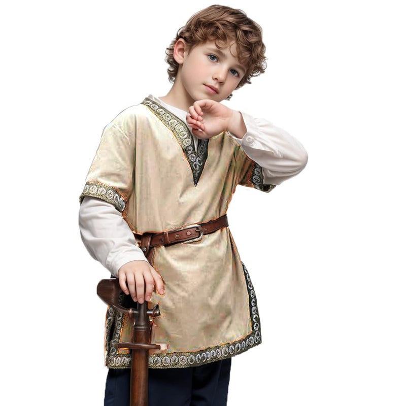CAMDOM Boys Renaissance Viking Pirate V Neck Shirt Medieval Knight Costume Tops - Image 2