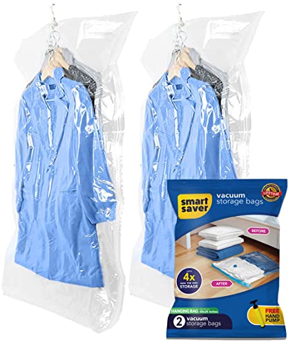 Smart Saver Plastic 2 Hanging Jumbo Vacuum Storage Compression Space Saver Sealer Bags For Clothes Coat Dress Suit Jacket Sweater Winter Coat Airtight Bag with Hand Pump, Transparent - Image 1